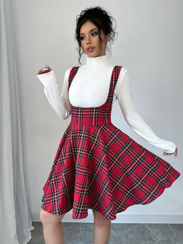 Women Plaid Sleeveless Suspender Red Christmas Dress