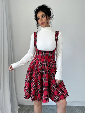 Women Plaid Sleeveless Suspender Red Christmas Dress