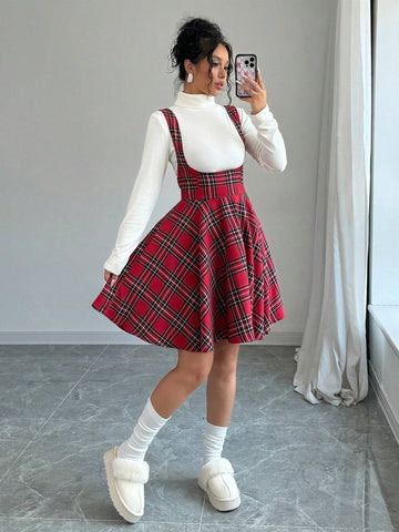 Women Plaid Sleeveless Suspender Red Christmas Dress
