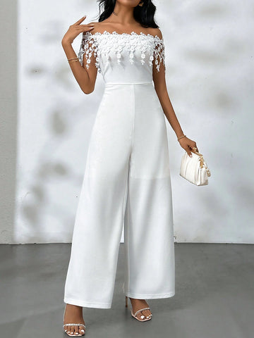 Women Romantic Elegant Off-Shoulder White Jumpsuit,Lace Off-Shoulder One-Shoulder Jumpsuit With Floral Trim For Summer Elegant Holiday,Teacher's Day,Mother's Day,Graduation Season, Music Festivals, Easter,Wedding,Prom Party,