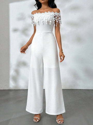 Women Romantic Elegant Off-Shoulder White Jumpsuit,Lace Off-Shoulder One-Shoulder Jumpsuit With Floral Trim For Summer Elegant Holiday,Teacher's Day,Mother's Day,Graduation Season, Music Festivals, Easter,Wedding,Prom Party,