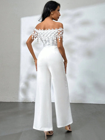 Women Romantic Elegant Off-Shoulder White Jumpsuit,Lace Off-Shoulder One-Shoulder Jumpsuit With Floral Trim For Summer Elegant Holiday,Teacher's Day,Mother's Day,Graduation Season, Music Festivals, Easter,Wedding,Prom Party,