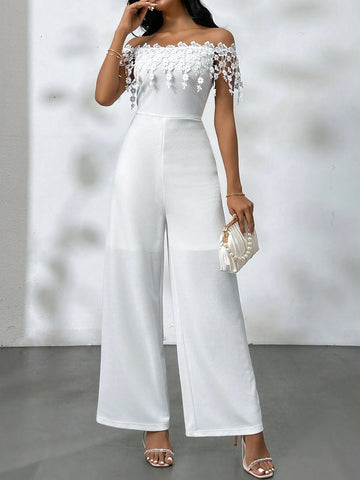 Women Romantic Elegant Off-Shoulder White Jumpsuit,Lace Off-Shoulder One-Shoulder Jumpsuit With Floral Trim For Summer Elegant Holiday,Teacher's Day,Mother's Day,Graduation Season, Music Festivals, Easter,Wedding,Prom Party,