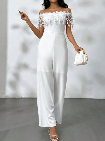 Women Romantic Elegant Off-Shoulder White Jumpsuit,Lace Off-Shoulder One-Shoulder Jumpsuit With Floral Trim For Summer Elegant Holiday,Teacher's Day,Mother's Day,Graduation Season, Music Festivals, Easter,Wedding,Prom Party,