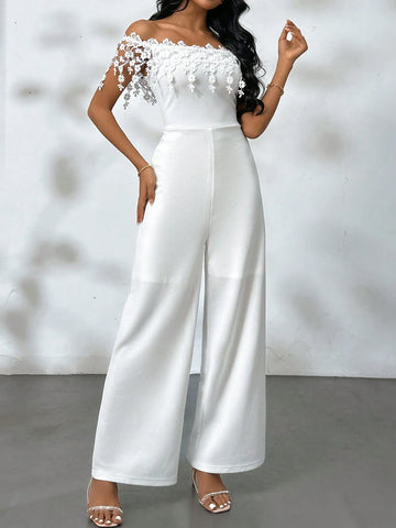 Women Romantic Elegant Off-Shoulder White Jumpsuit,Lace Off-Shoulder One-Shoulder Jumpsuit With Floral Trim For Summer Elegant Holiday,Teacher's Day,Mother's Day,Graduation Season, Music Festivals, Easter,Wedding,Prom Party,