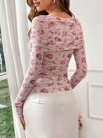 Privé Women Romantic Pink Floral Print Knitted Long Sleeve T-Shirt For Valentine's Day, Dating And Parties