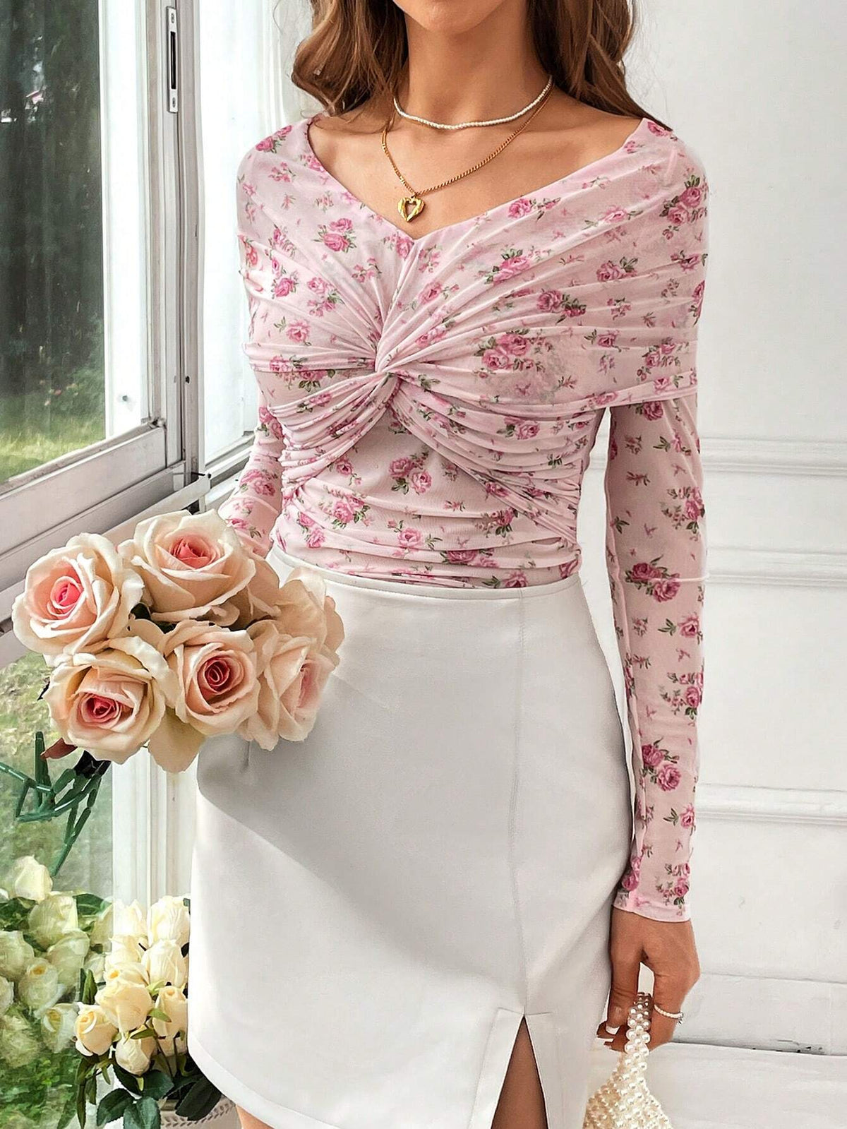 Privé Women Romantic Pink Floral Print Knitted Long Sleeve T-Shirt For Valentine's Day, Dating And Parties