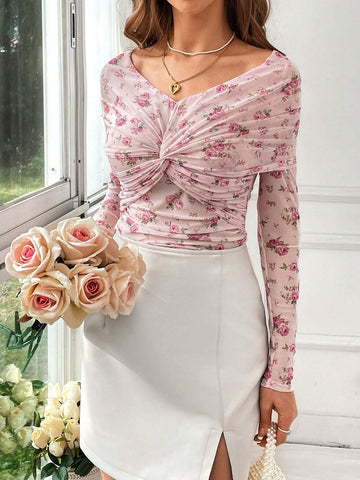 Privé Women Romantic Pink Floral Print Knitted Long Sleeve T-Shirt For Valentine's Day, Dating And Parties