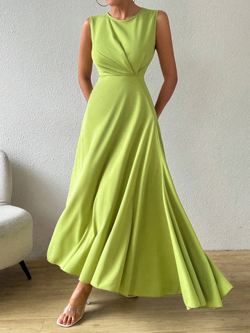 Women Round Neck Pleated Solid Color Sleeveless Elegant Dress For Vacation