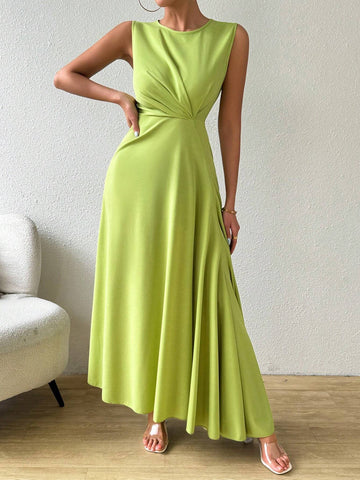 Women Round Neck Pleated Solid Color Sleeveless Elegant Dress For Vacation