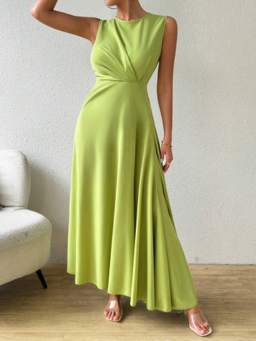 Women Round Neck Pleated Solid Color Sleeveless Elegant Dress For Vacation