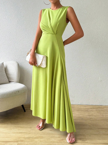 Women Round Neck Pleated Solid Color Sleeveless Elegant Dress For Vacation