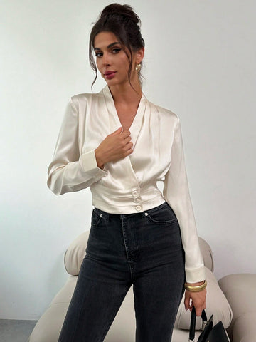 Privé Women Ruched Crossed Wrap Button Up Elegant Commuter Blouse