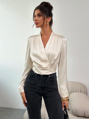 Privé Women Ruched Crossed Wrap Button Up Elegant Commuter Blouse