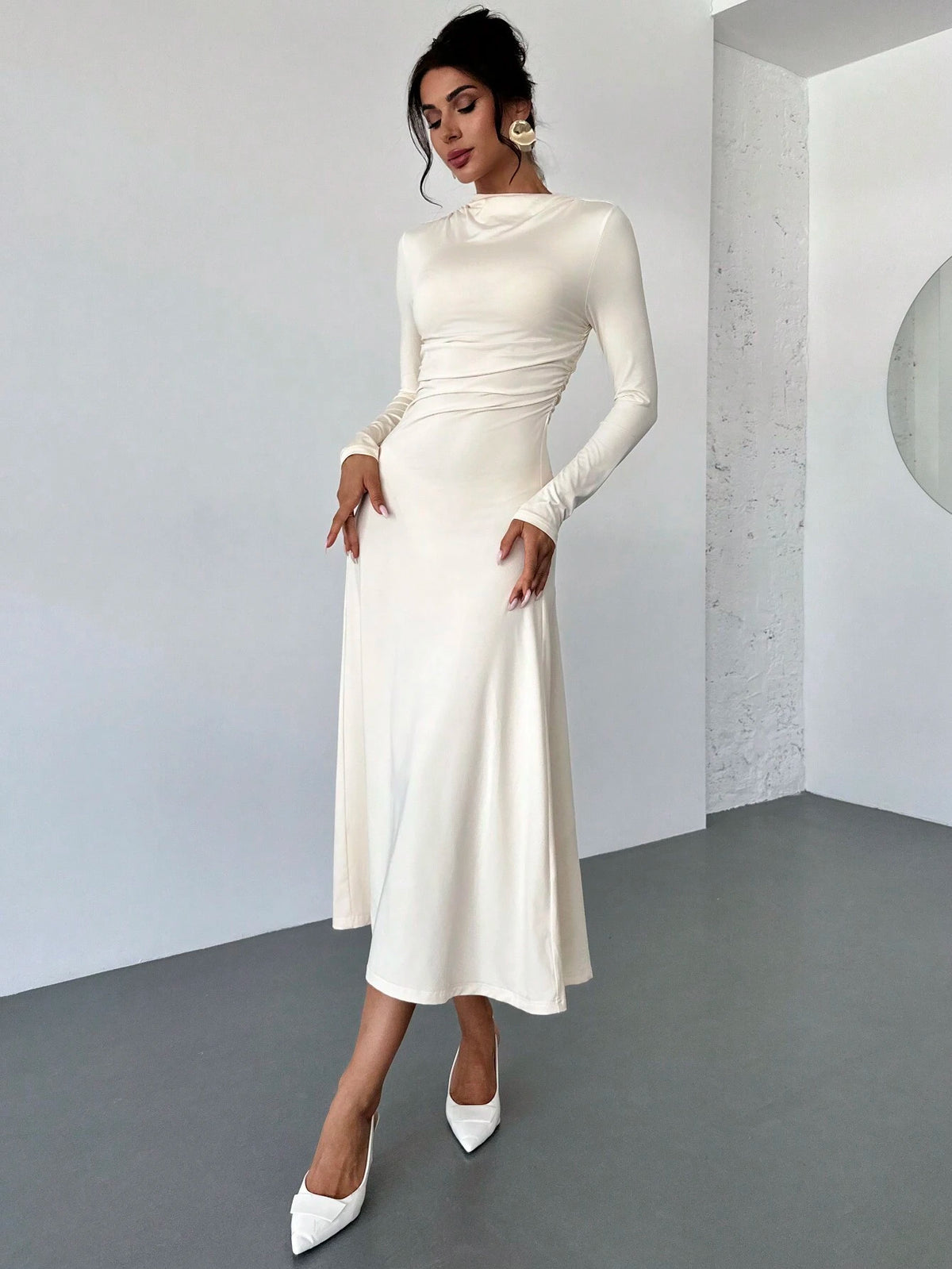 Women Ruched High Waist Fitted A-Line Long Skirt, Elegant Commuter Dress