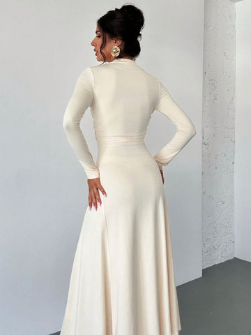 Women Ruched High Waist Fitted A-Line Long Skirt, Elegant Commuter Dress