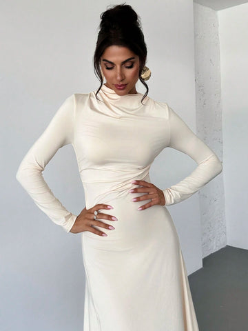 Women Ruched High Waist Fitted A-Line Long Skirt, Elegant Commuter Dress