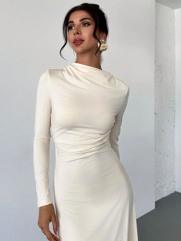 Women Ruched High Waist Fitted A-Line Long Skirt, Elegant Commuter Dress