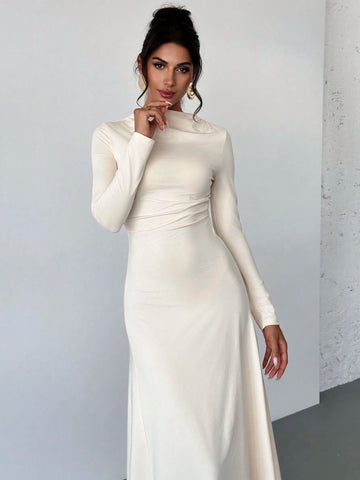 Women Ruched High Waist Fitted A-Line Long Skirt, Elegant Commuter Dress