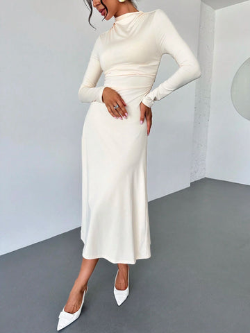 Women Ruched High Waist Fitted A-Line Long Skirt, Elegant Commuter Dress