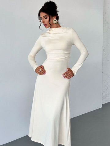 Women Ruched High Waist Fitted A-Line Long Skirt, Elegant Commuter Dress