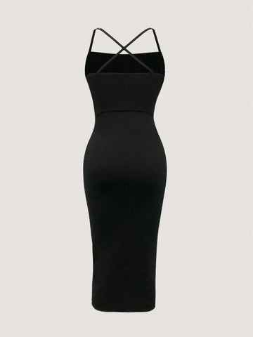 Women Sexy Lace Splice Sleeveless Bodycon Dress With Lace Up, Chain & Hollow Out Design, Deep V-