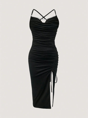 Women Sexy Lace Splice Sleeveless Bodycon Dress With Lace Up, Chain & Hollow Out Design, Deep V-