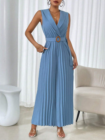 Women Shawl Collar Pleated Simple Casual Wide Leg Jumpsuit