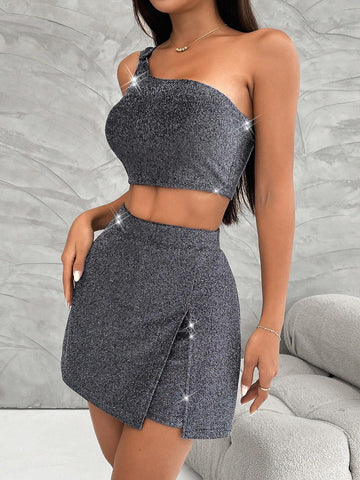 Women Silver Oblique Shoulder Vest Top And Shorts Skirt Sexy Elegant Party Outfits, 2pcs/Set