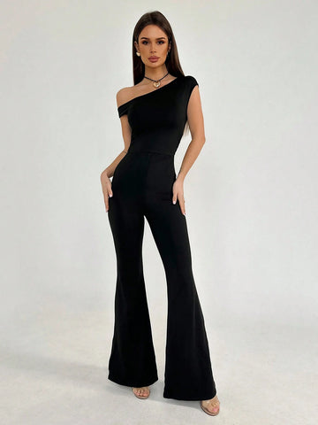 Women Simple Off-Shoulder Tight-Fitting Slit Long Jumpsuit For Going Out