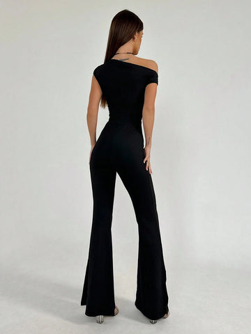 Women Simple Off-Shoulder Tight-Fitting Slit Long Jumpsuit For Going Out