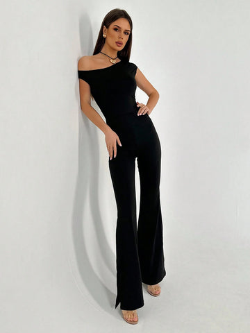 Women Simple Off-Shoulder Tight-Fitting Slit Long Jumpsuit For Going Out