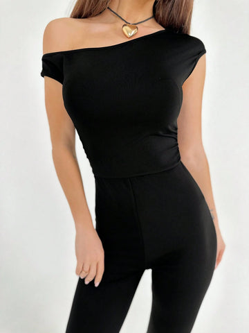 Women Simple Off-Shoulder Tight-Fitting Slit Long Jumpsuit For Going Out