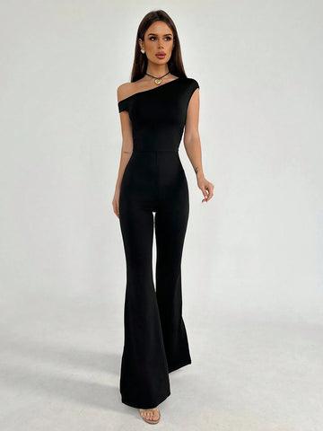 Women Simple Off-Shoulder Tight-Fitting Slit Long Jumpsuit For Going Out