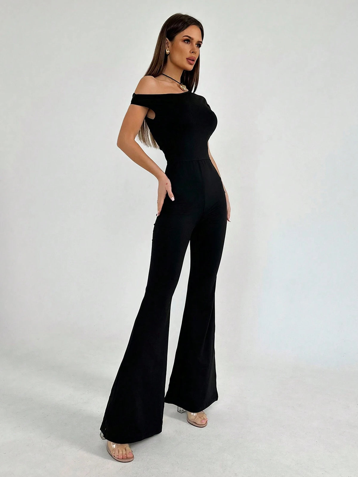 Women Simple Off-Shoulder Tight-Fitting Slit Long Jumpsuit For Going Out