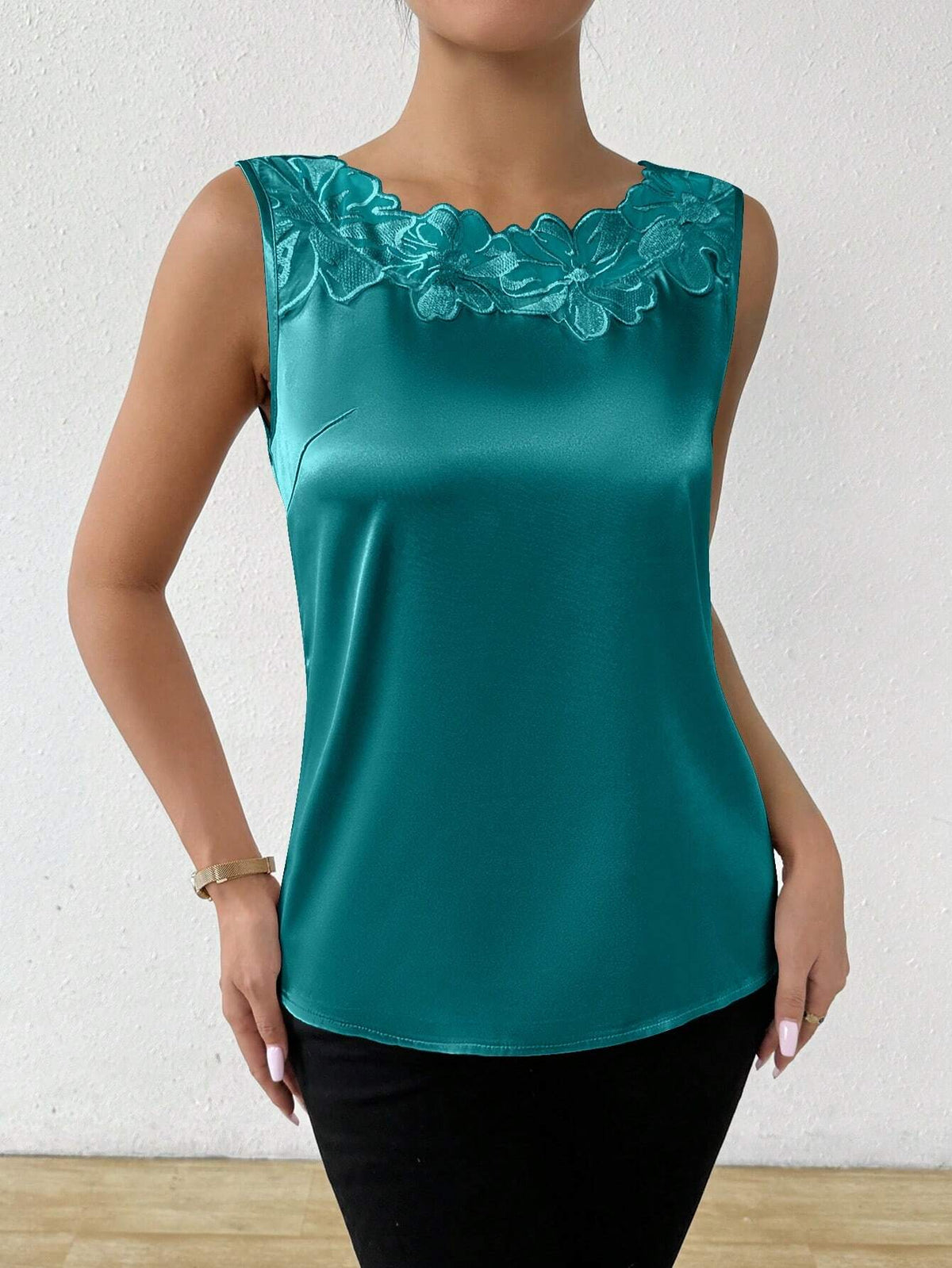 Privé Women Sleeveless Satin Patchwork Blouse With Lace Trim