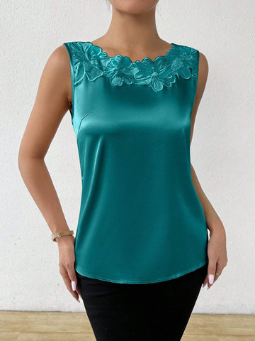 Privé Women Sleeveless Satin Patchwork Blouse With Lace Trim