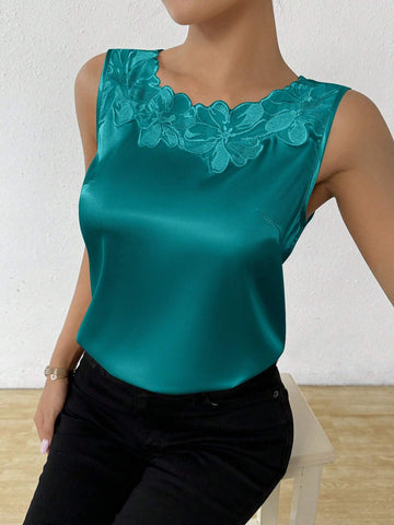 Privé Women Sleeveless Satin Patchwork Blouse With Lace Trim