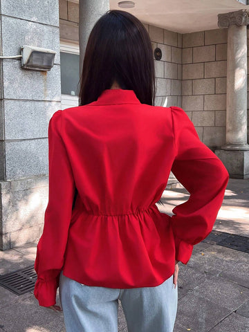 Privé Women Solid Color Long Sleeve Pleated Front Tie Casual Blouse, Autumn