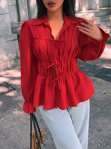 Privé Women Solid Color Long Sleeve Pleated Front Tie Casual Blouse, Autumn