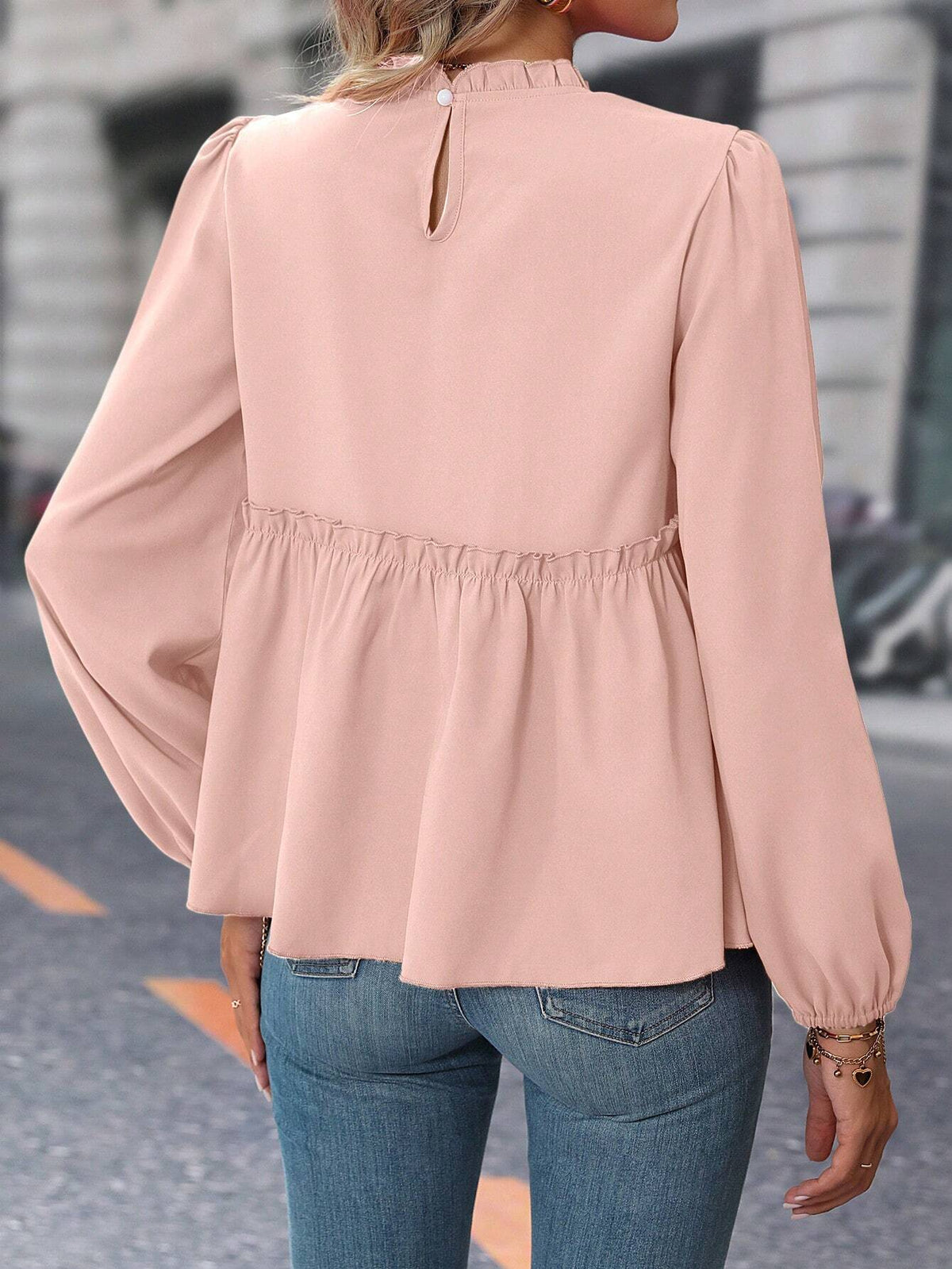 Privé Women Solid Color Long Sleeve Simple Casual Elegant Frill Trim Blouse