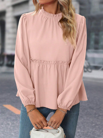 Privé Women Solid Color Long Sleeve Simple Casual Elegant Frill Trim Blouse