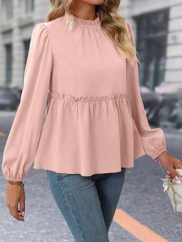 Privé Women Solid Color Long Sleeve Simple Casual Elegant Frill Trim Blouse