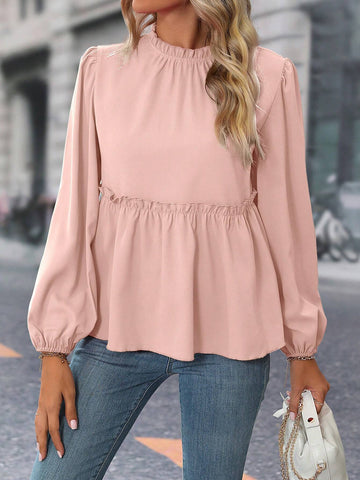 Privé Women Solid Color Long Sleeve Simple Casual Elegant Frill Trim Blouse