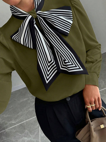 Privé Women Solid Color Panel Lace-Up Front Long Sleeve Casual Blouse, Everyday Wear