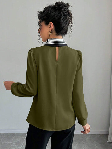 Privé Women Solid Color Panel Lace-Up Front Long Sleeve Casual Blouse, Everyday Wear