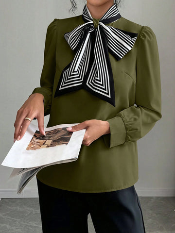 Privé Women Solid Color Panel Lace-Up Front Long Sleeve Casual Blouse, Everyday Wear