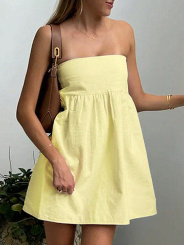 Women Solid Color Strapless Casual Short Dress