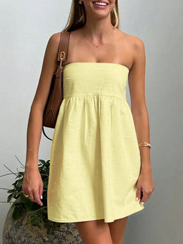 Women Solid Color Strapless Casual Short Dress