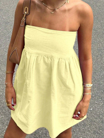 Women Solid Color Strapless Casual Short Dress